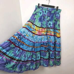 Lotus Blue Colorful Rainbow Floral Striped Tiered Festival Maxi Skirt Size M